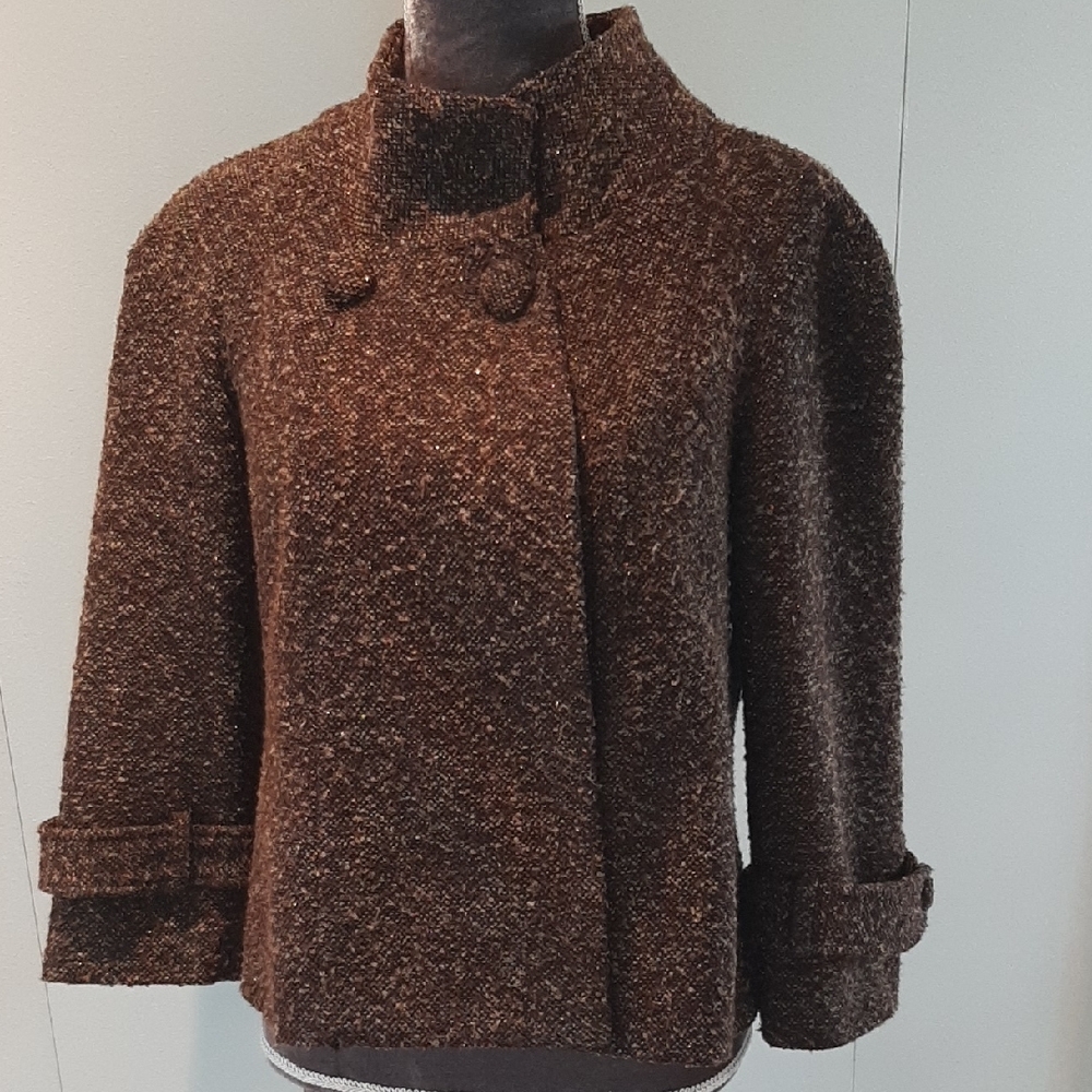 ACCESSORY SREET💛GOLD THREADED Chic Brown Tweed Teddy Jacket Size S